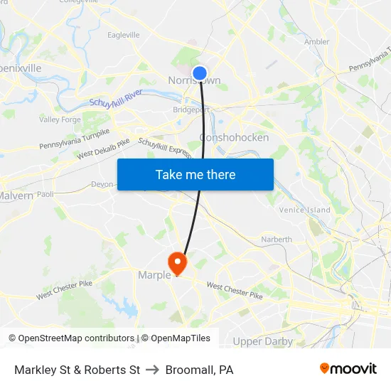 Markley St & Roberts St to Broomall, PA map
