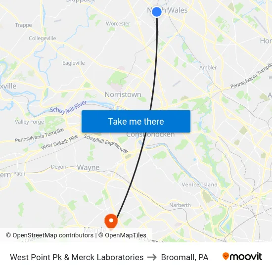 West Point Pk & Merck Laboratories to Broomall, PA map