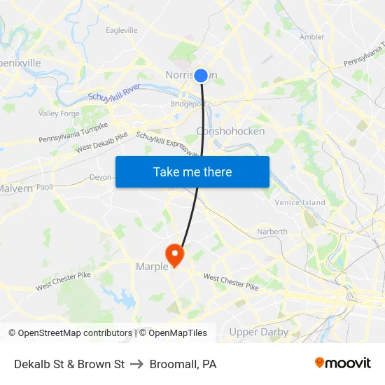 Dekalb St & Brown St to Broomall, PA map