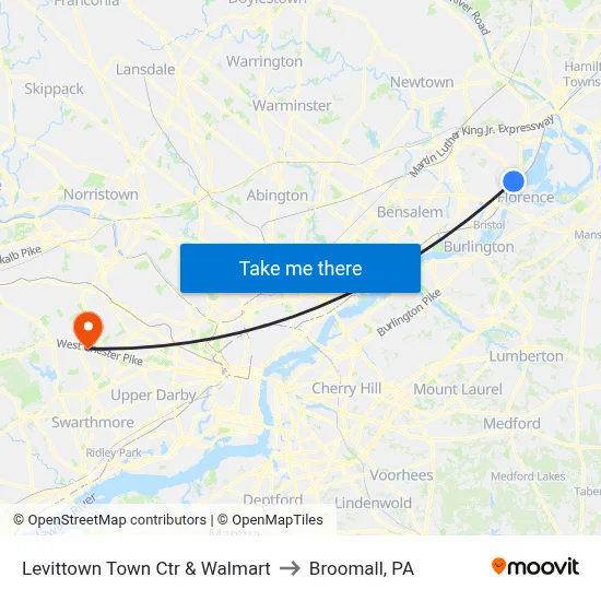 Levittown Town Ctr & Walmart to Broomall, PA map
