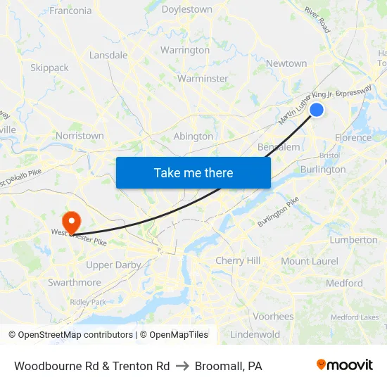 Woodbourne Rd & Trenton Rd to Broomall, PA map