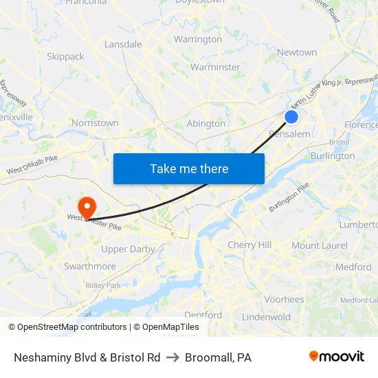 Neshaminy Blvd & Bristol Rd to Broomall, PA map
