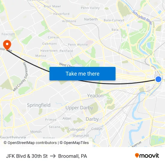 JFK Blvd & 30th St to Broomall, PA map