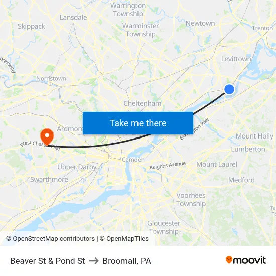 Beaver St & Pond St to Broomall, PA map