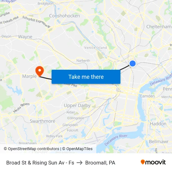 Broad St & Rising Sun Av - Fs to Broomall, PA map