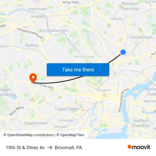 10th St & Olney Av to Broomall, PA map