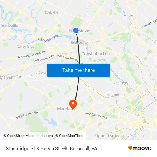 Stanbridge St & Beech St to Broomall, PA map