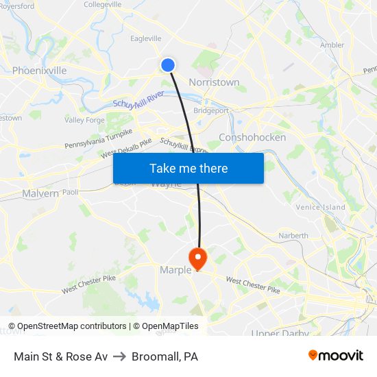 Main St & Rose Av to Broomall, PA map