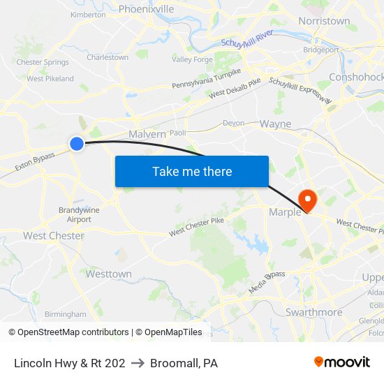 Lincoln Hwy & Rt 202 to Broomall, PA map