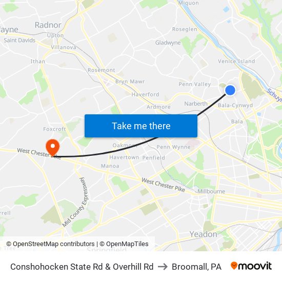 Conshohocken State Rd & Overhill Rd to Broomall, PA map