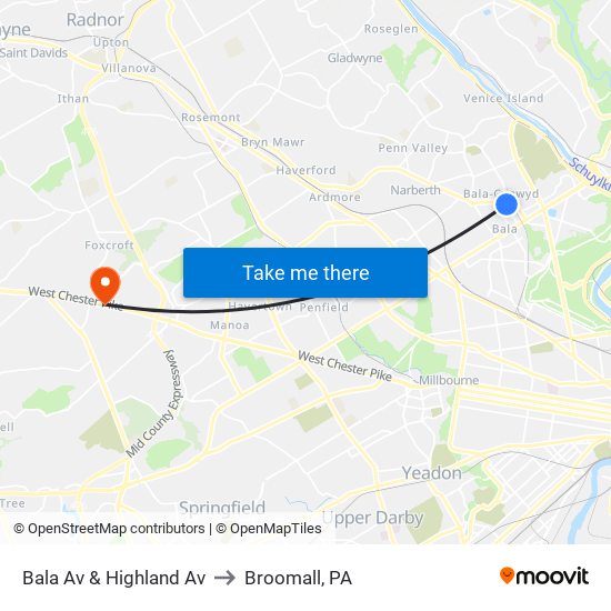 Bala Av & Highland Av to Broomall, PA map