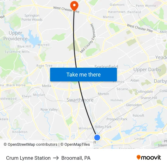 Crum Lynne Station to Broomall, PA map