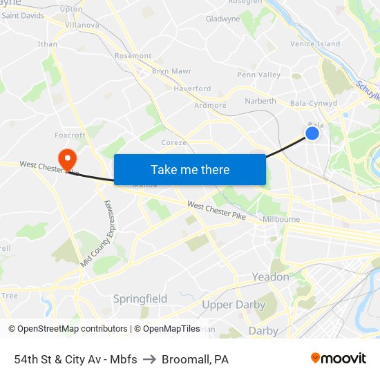 54th St & City Av - Mbfs to Broomall, PA map