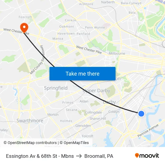 Essington Av & 68th St - Mbns to Broomall, PA map