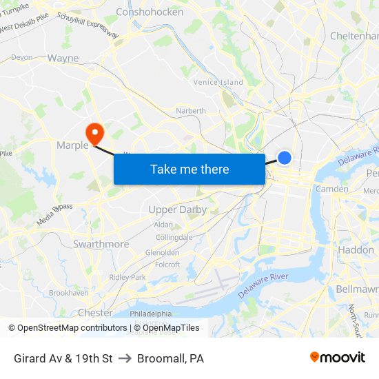 Girard Av & 19th St to Broomall, PA map