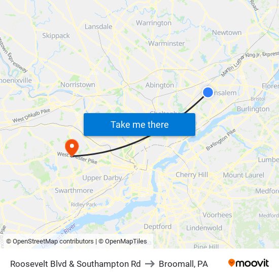 Roosevelt Blvd & Southampton Rd to Broomall, PA map