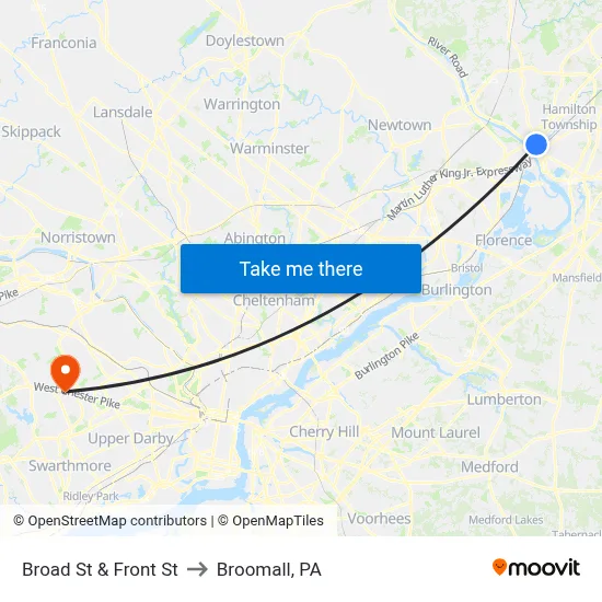 Broad St & Front St to Broomall, PA map