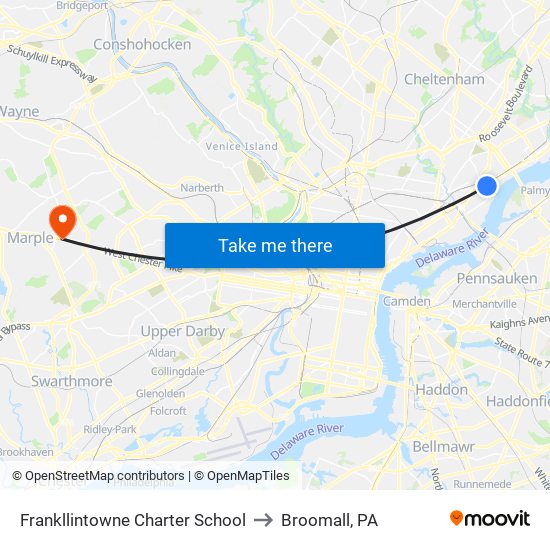 Frankllintowne Charter School to Broomall, PA map