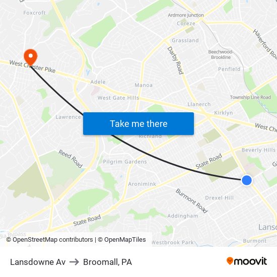Lansdowne Av to Broomall, PA map