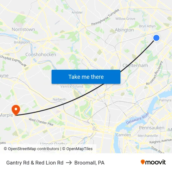 Gantry Rd & Red Lion Rd to Broomall, PA map