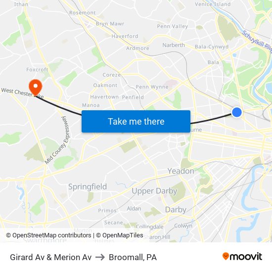 Girard Av & Merion Av to Broomall, PA map