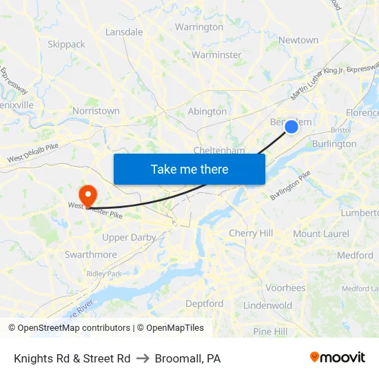 Knights Rd & Street Rd to Broomall, PA map
