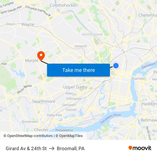 Girard Av & 24th St to Broomall, PA map