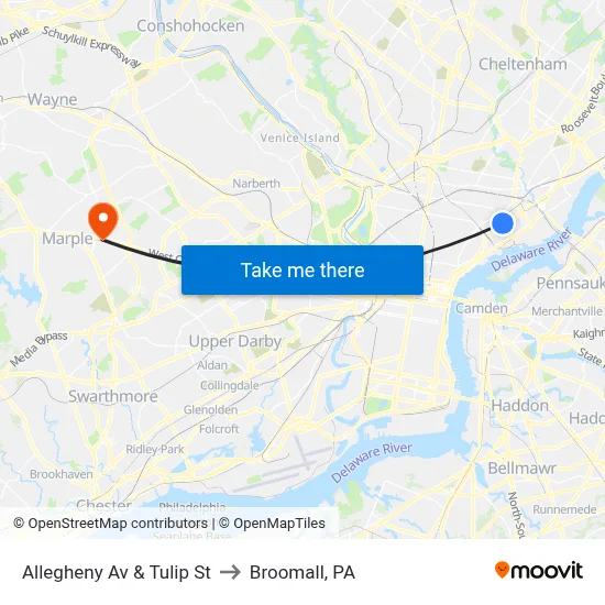 Allegheny Av & Tulip St to Broomall, PA map