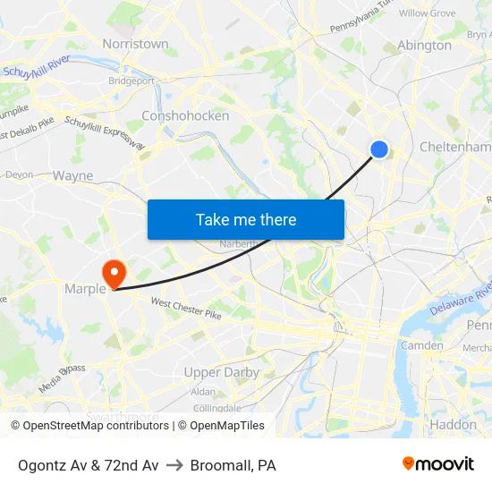 Ogontz Av & 72nd Av to Broomall, PA map