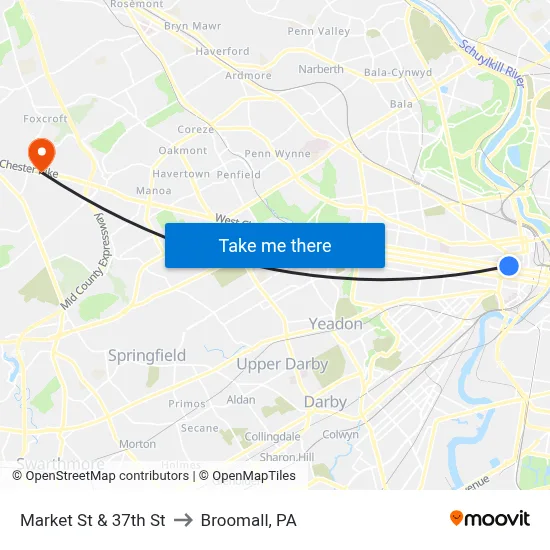 Market St & 37th St to Broomall, PA map