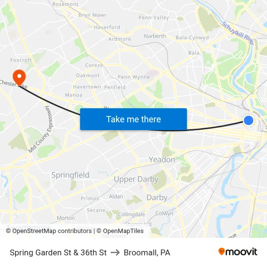Spring Garden St & 36th St to Broomall, PA map