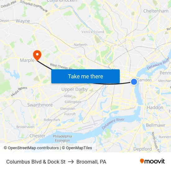 Columbus Blvd & Dock St to Broomall, PA map