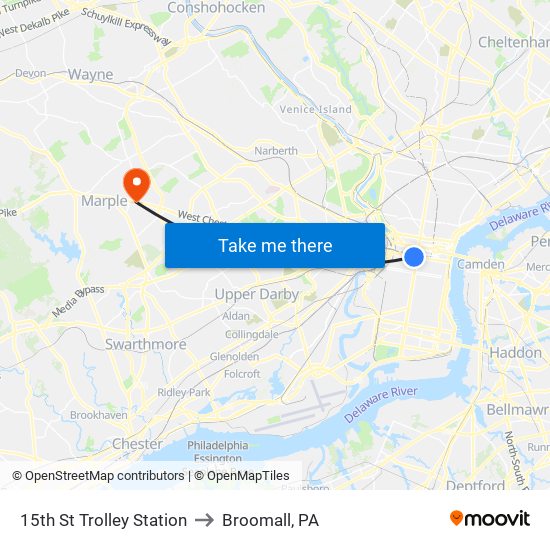 15th St Trolley Station to Broomall, PA map