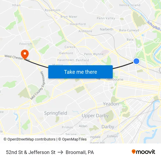 52nd St & Jefferson St to Broomall, PA map