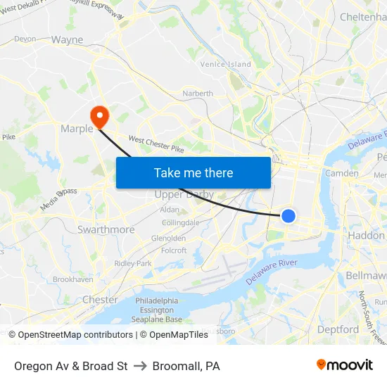 Oregon Av & Broad St to Broomall, PA map