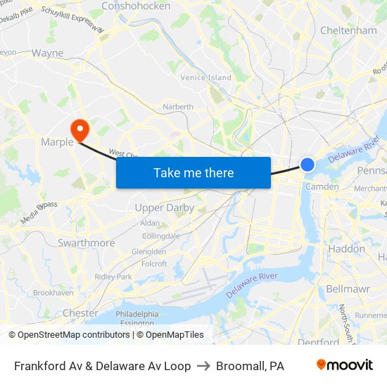 Frankford Av & Delaware Av Loop to Broomall, PA map