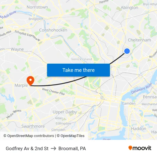 Godfrey Av & 2nd St to Broomall, PA map