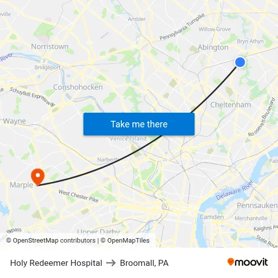 Holy Redeemer Hospital to Broomall, PA map