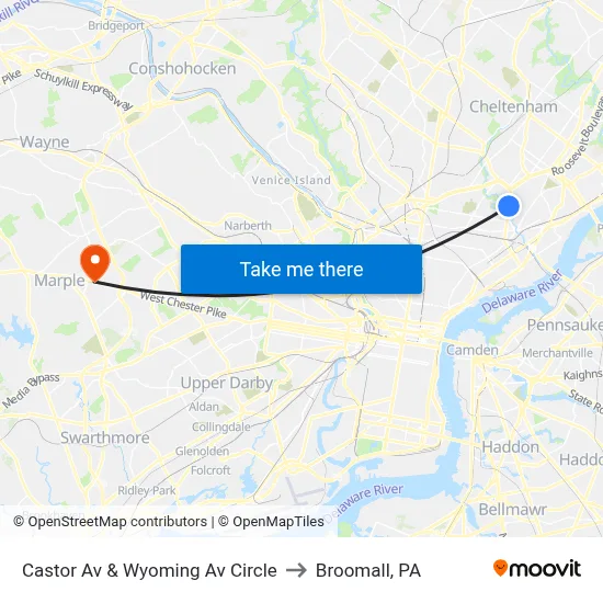 Castor Av & Wyoming Av Circle to Broomall, PA map