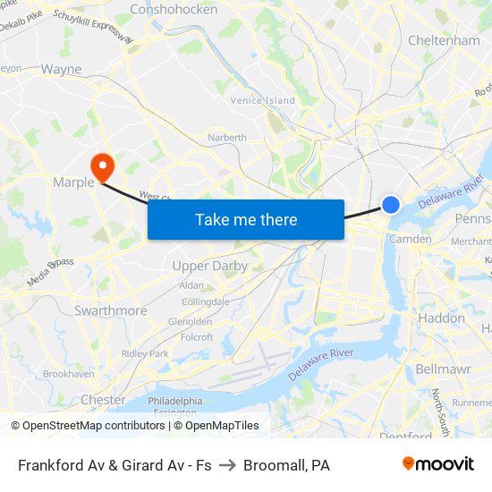 Frankford Av & Girard Av - Fs to Broomall, PA map