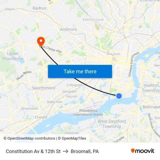 Constitution Av & 12th St to Broomall, PA map