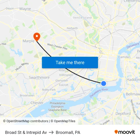 Broad St & Intrepid Av to Broomall, PA map