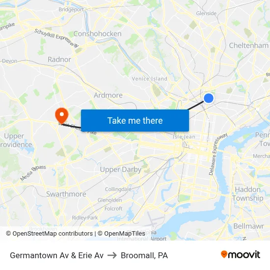 Germantown Av & Erie Av to Broomall, PA map