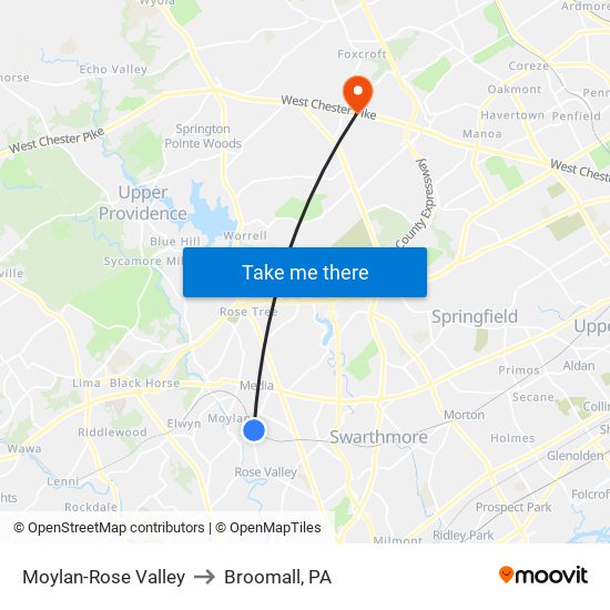 Moylan-Rose Valley to Broomall, PA map