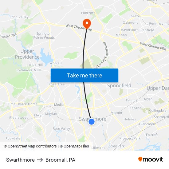 Swarthmore to Broomall, PA map