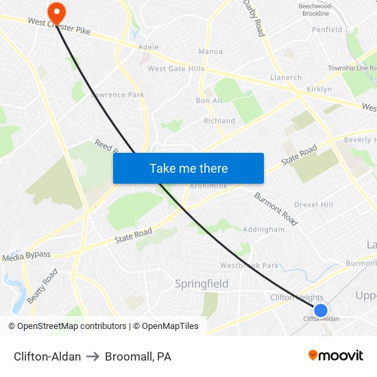 Clifton-Aldan to Broomall, PA map