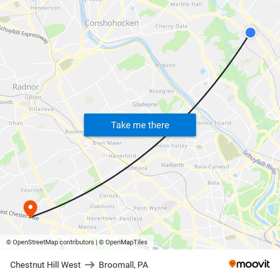 Chestnut Hill West to Broomall, PA map