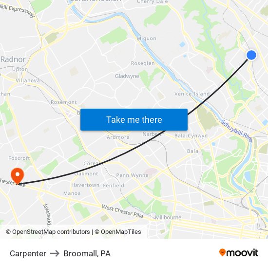 Carpenter to Broomall, PA map