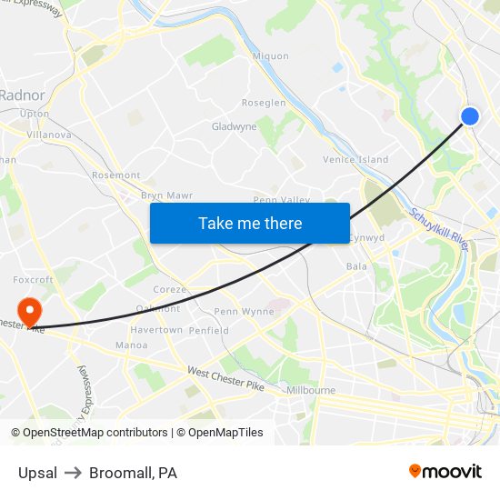 Upsal to Broomall, PA map