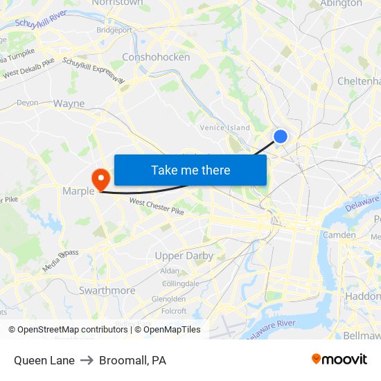 Queen Lane to Broomall, PA map